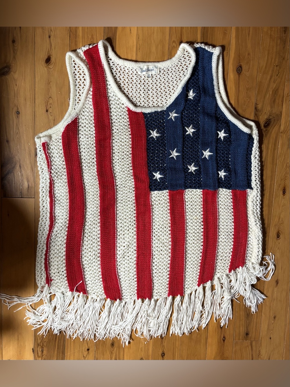 Cloud Chaser American Flag Open Crochet Tank Top w/Fringe Hem Patriotic Sz 2X
